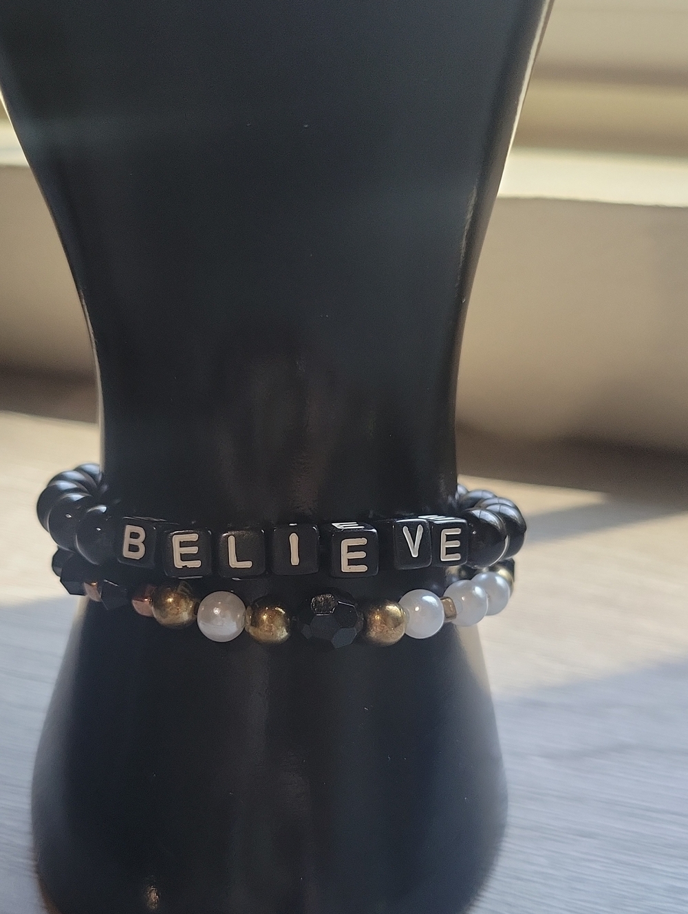 Believe Black Bead Stretch Bracelet Set - Inspirational Women’s Jewelry